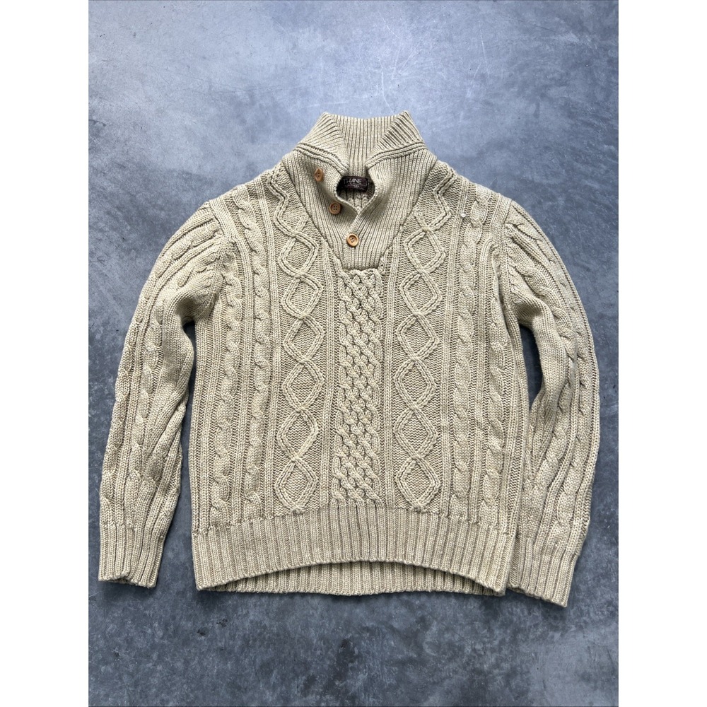 Thane Mens Shawl Collar Cable Knit Sweater Beige Oatmeal Button Pullover Large